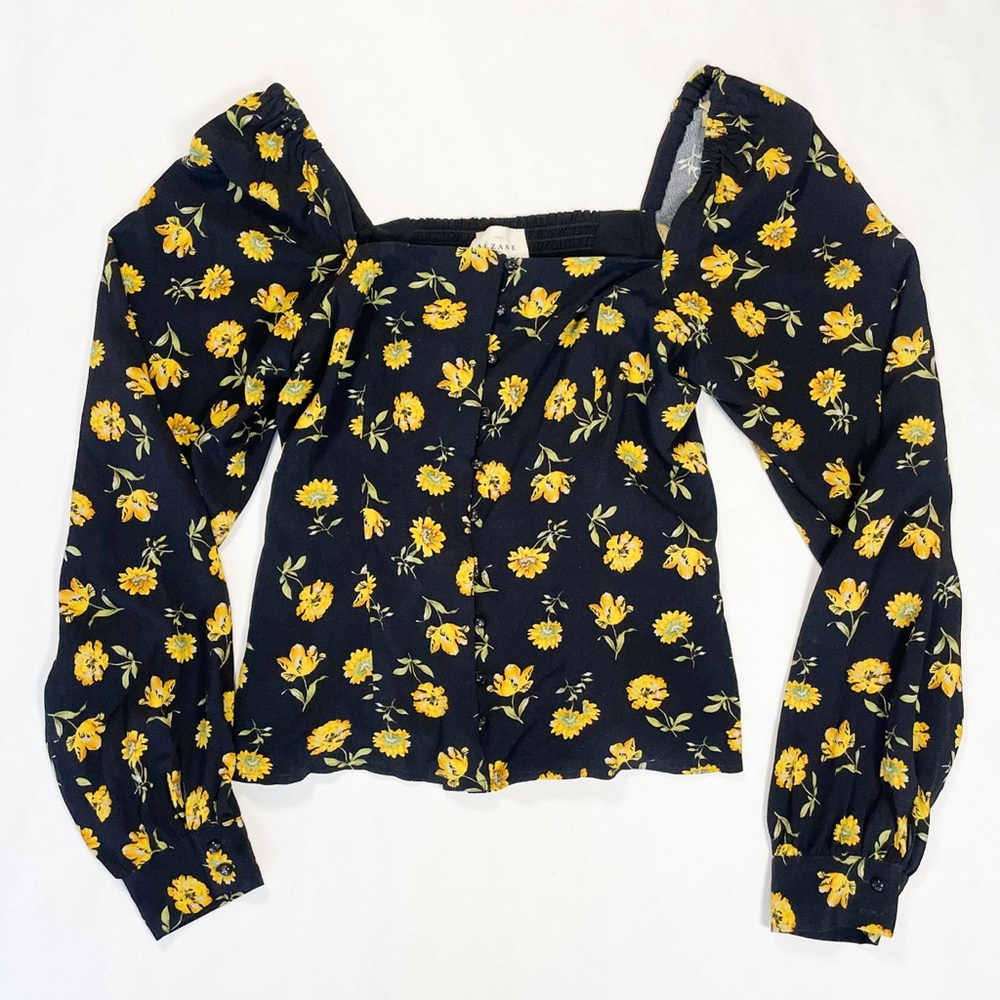 Sezane Annalise Black & Yellow Floral Long Sleeve Blouse